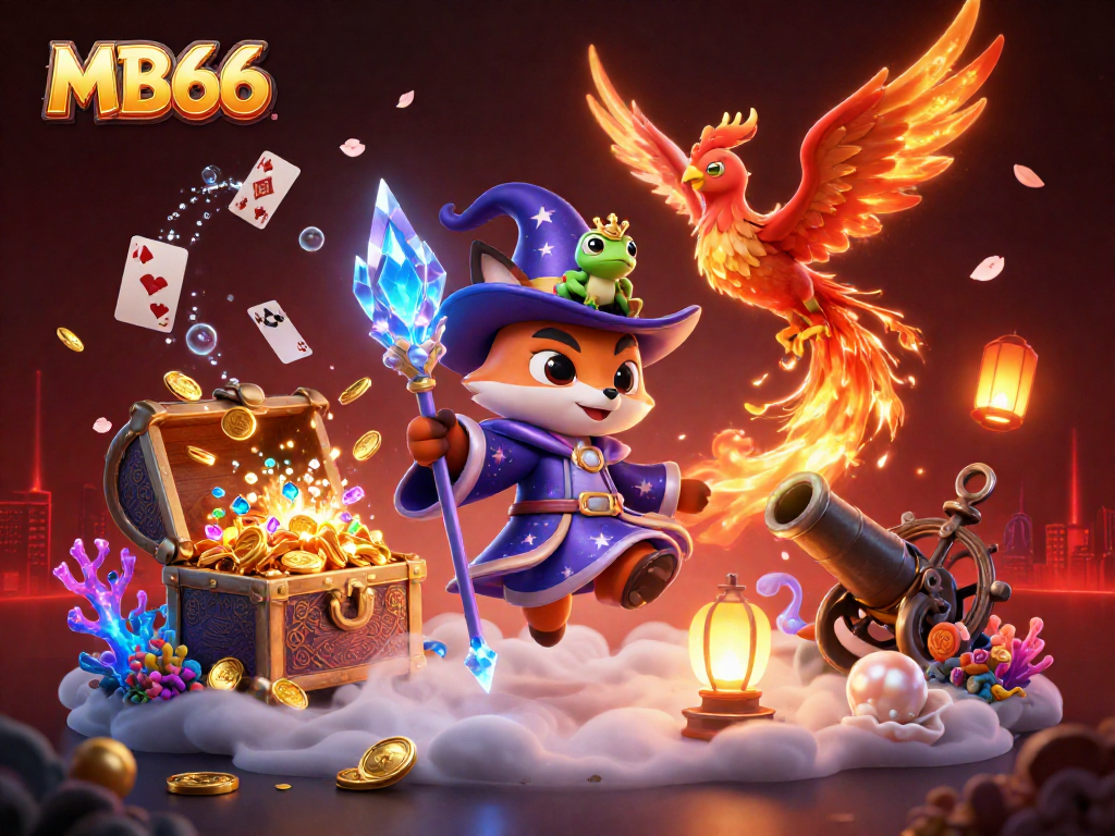 Experience the magic of MB66 with a mystical wizard fox and phoenix in an enchanting casino scene