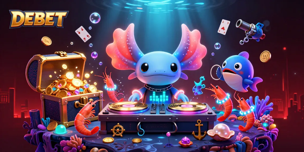Experience DEBET's vibrant gaming world with neon axolotl DJ and energetic sea creatures.