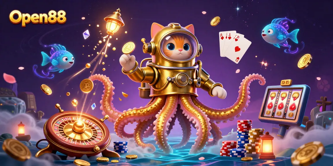 Experience thrilling games at Open88 with a vibrant 3D casino scene showcasing excitement and treasure.