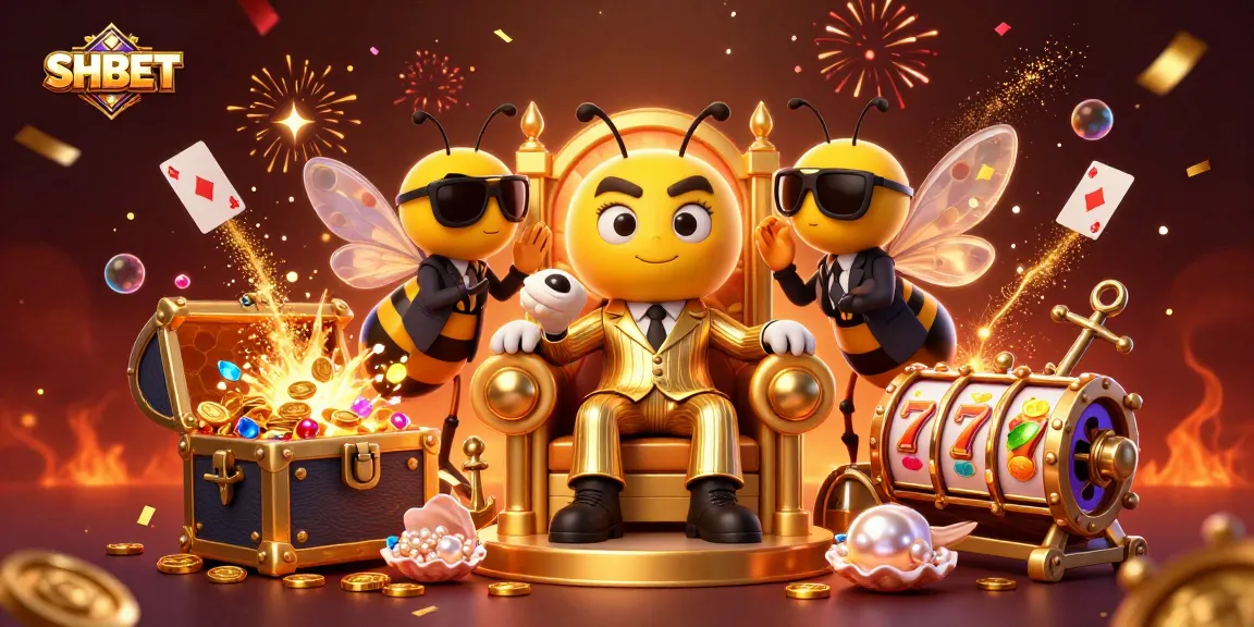 Join the action at SHBET with a cartoon bumblebee mob boss amidst vibrant casino elements.