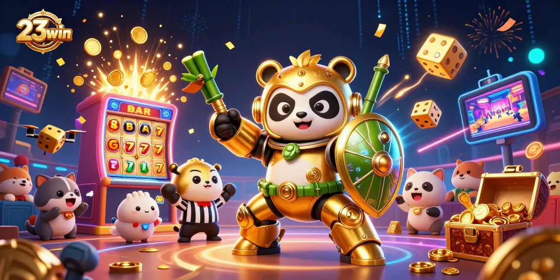 Experience the energy of 23win with a vibrant scene of a mech-suit panda in a dynamic casino setting.