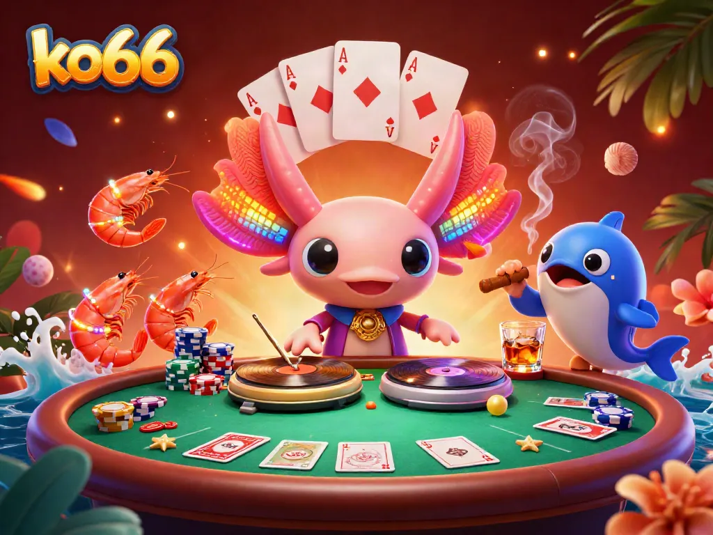 Experience the vibrant energy of ko66 with a neon axolotl DJ spinning at an underwater casino party.