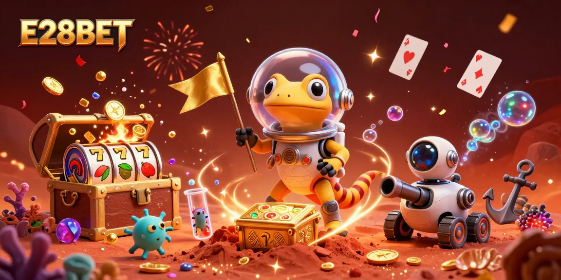 E28BET unveils an animated Martian gecko at a golden casino, promoting engaging betting opportunities.