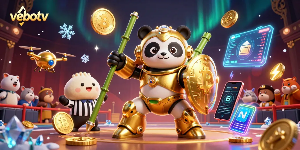 Experience vebotv with a thrilling 3D illustration of a mech-suit panda in a vibrant arena.