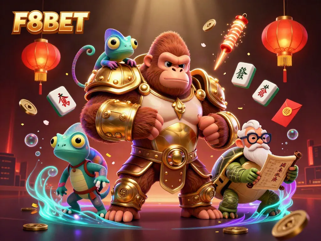 Experience exciting gaming action at F8BET with a powerful gorilla king and colorful chameleon companion amid vibrant casino elements.