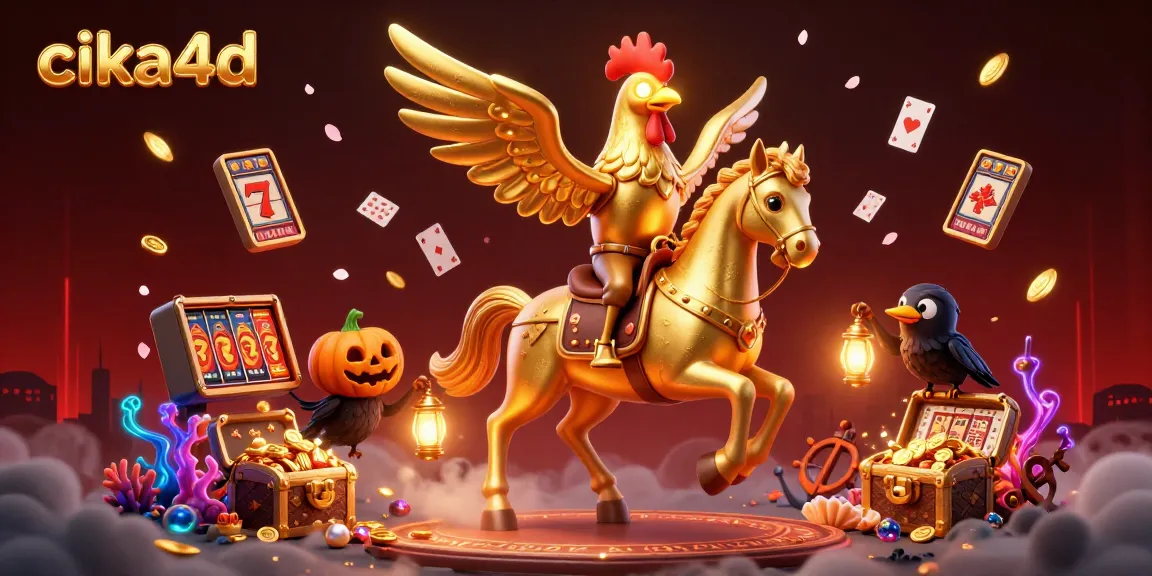 Cika4d presents a vibrant casino scene with a golden rooster and thrilling gaming elements.