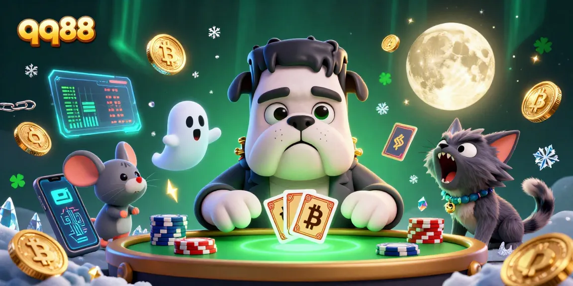 Engage with qq88 at a vibrant casino scene featuring a Frankenstein bulldog monster, ghost mouse, and werewolf kitten.