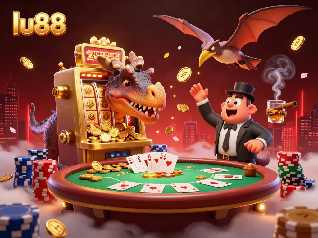 Experience exciting gameplay at lu88 with cartoon dinosaurs in a vibrant casino scene.