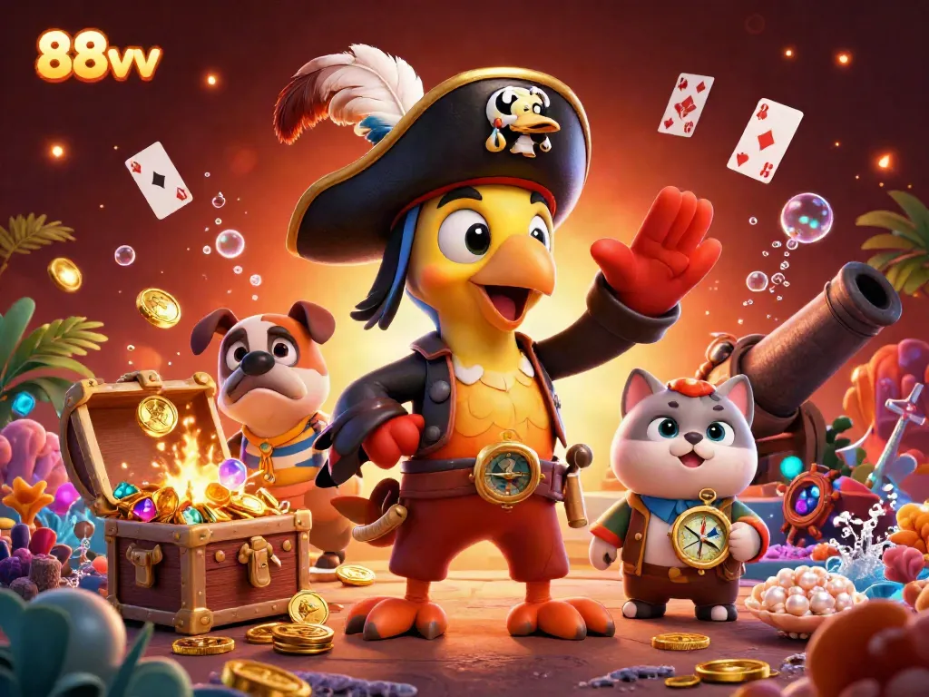 Engage with 88vv’s vibrant undersea treasure hunt featuring a pirate captain, bulldog, and ship cat.