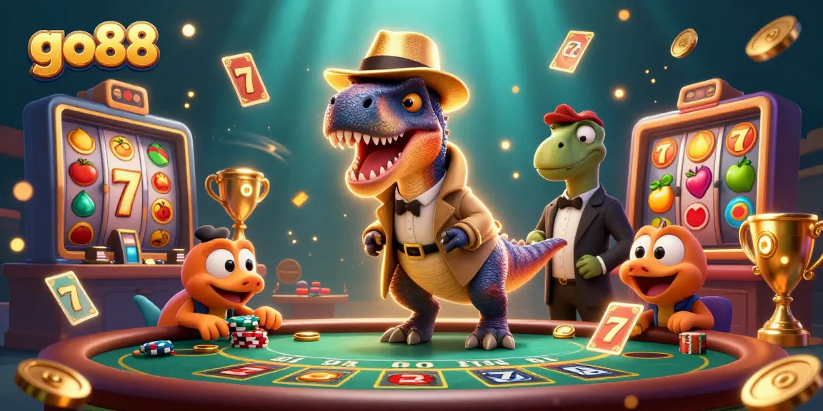 Go88 velociraptor card counter at a blackjack table illustrated with vibrant casino elements.