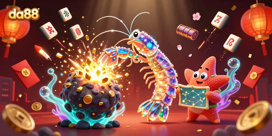 Experience da88 excitement with a galactic samurai shrimp bursting through treasures in this vibrant casino scene.