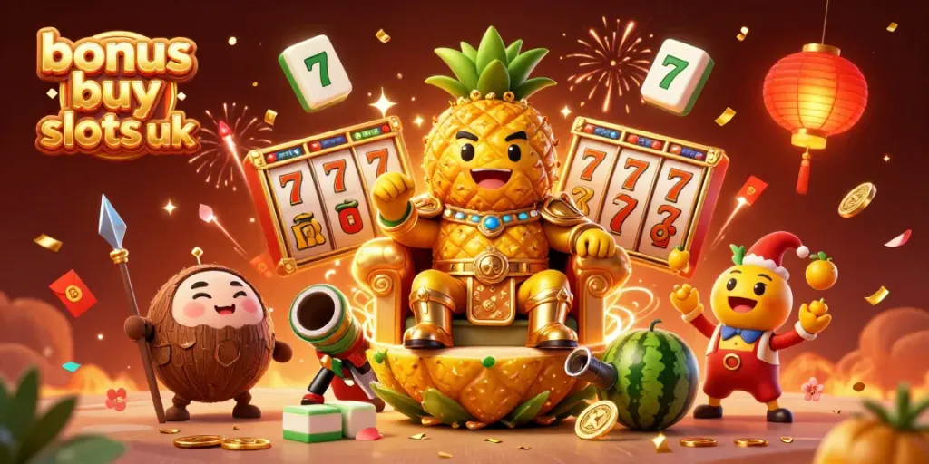 Engaging scene showcasing bonus buy slots uk with a cartoon pineapple king, colorful casino elements, and festive effects.