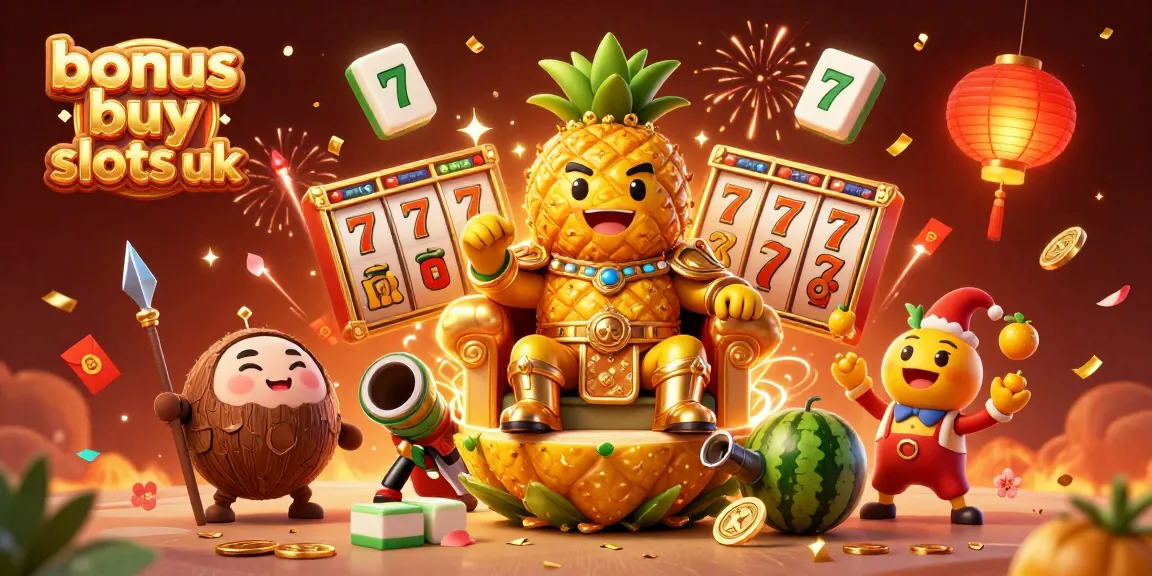 Engaging scene showcasing bonus buy slots uk with a cartoon pineapple king, colorful casino elements, and festive effects.