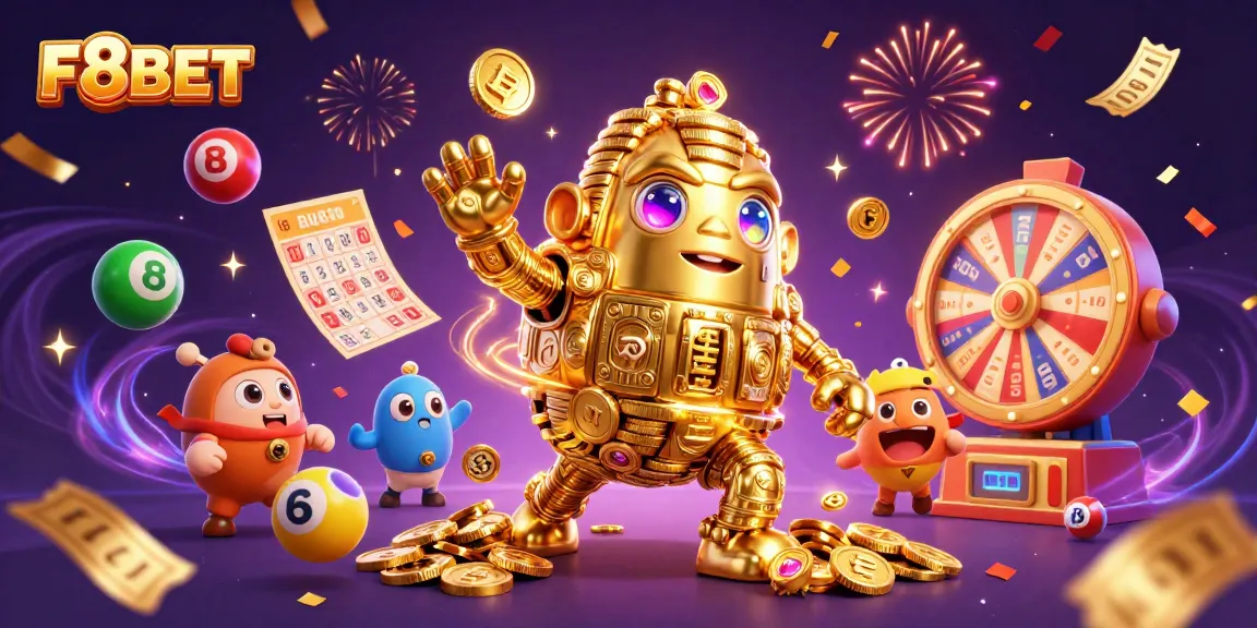 Win big with F8BET as colorful lottery balls bounce around an ancient golden golem in a festive casino scene.