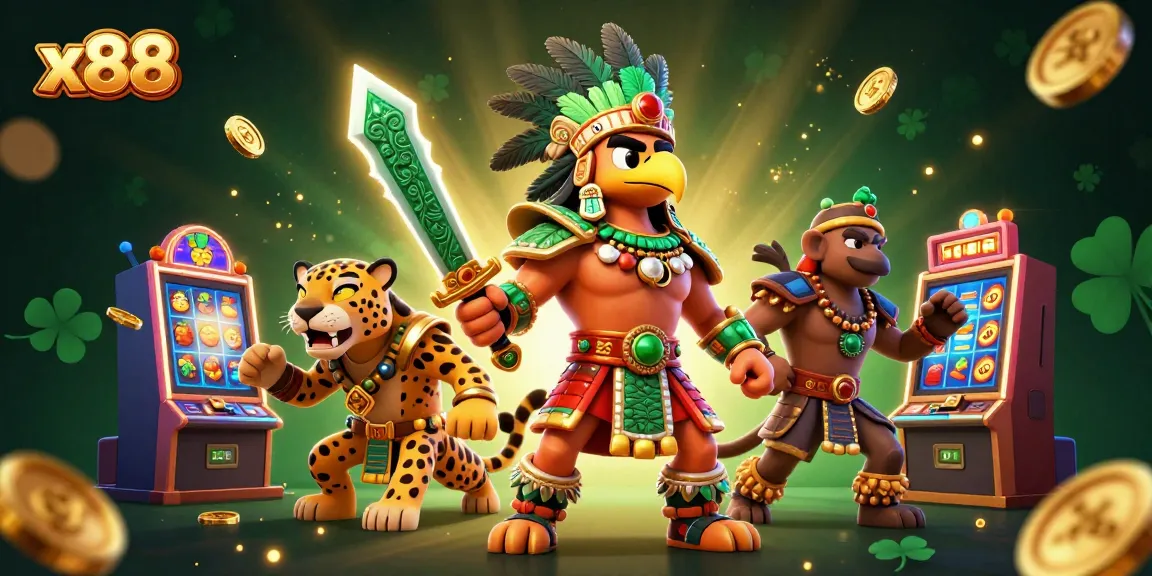 Spin the reels of x88 and witness an Aztec warrior with jackpot slot machines around them.