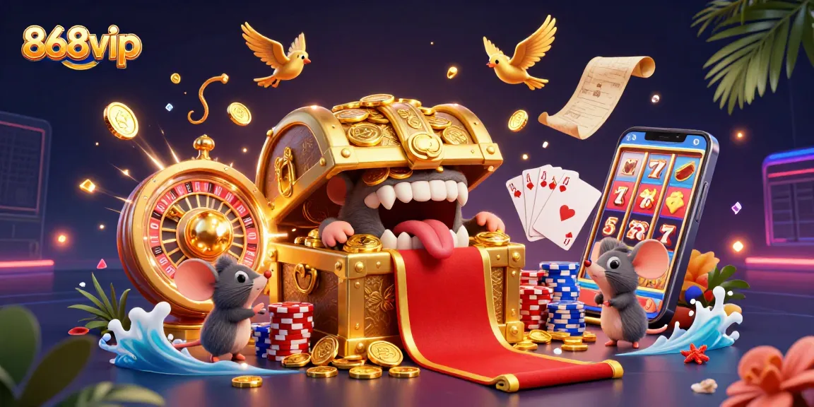 Engage with 868vip's thrilling gaming adventures featuring a vibrant 3D treasure chest, dazzling coins, and casino elements.