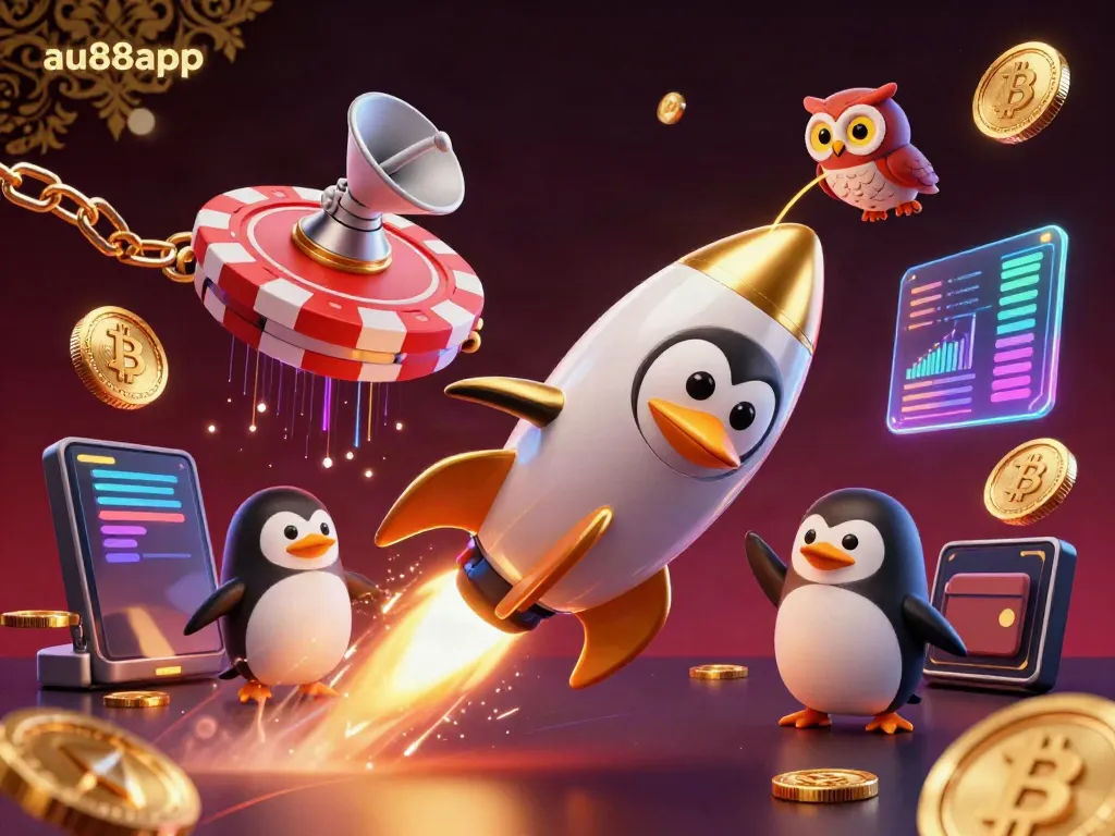 Engage in thrilling gameplay with au88app as a golden penguin overcomes obstacles at a cosmic casino.