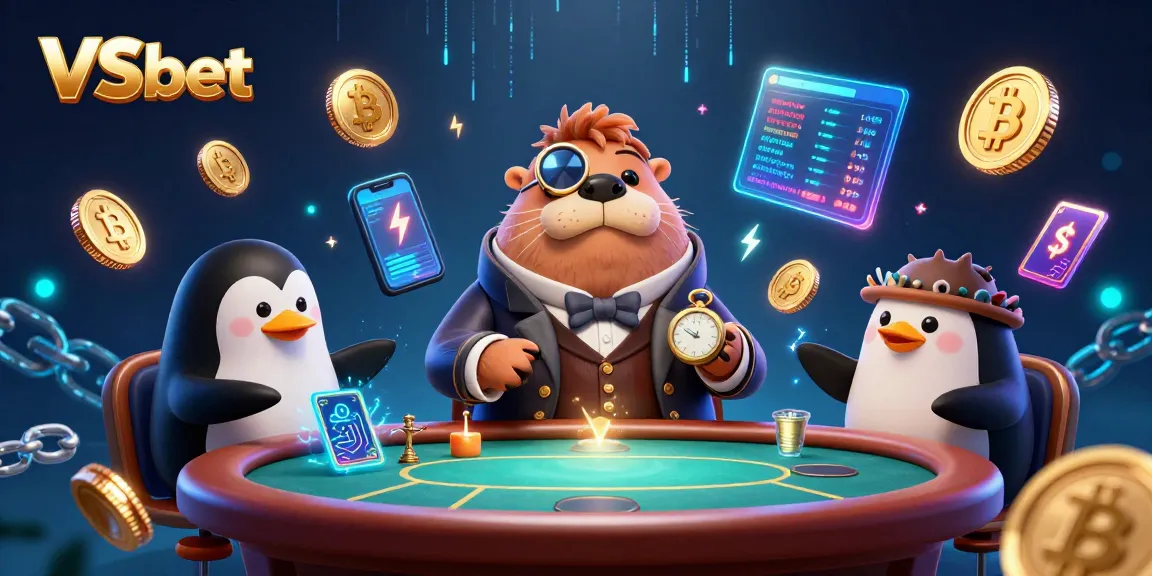 Engage with the thrilling VSbet underwater poker scene featuring a jolly walrus and crypto elements.