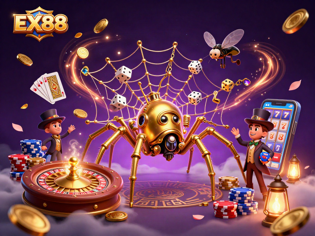 EX88 highlights a whimsical steampunk spider in a bustling casino scene, illustrating fortune and luck.