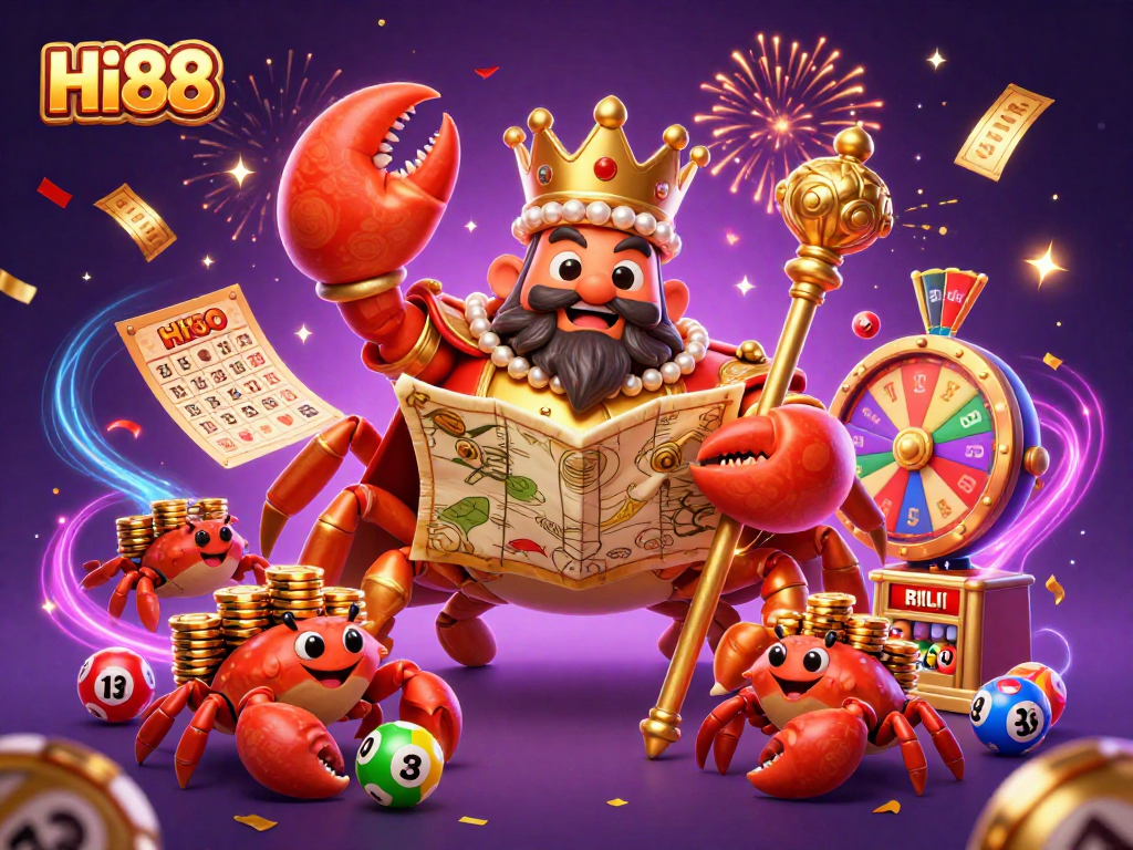 Hi88 features a colossal golden crab emperor amidst vibrant casino elements in this lively illustration.