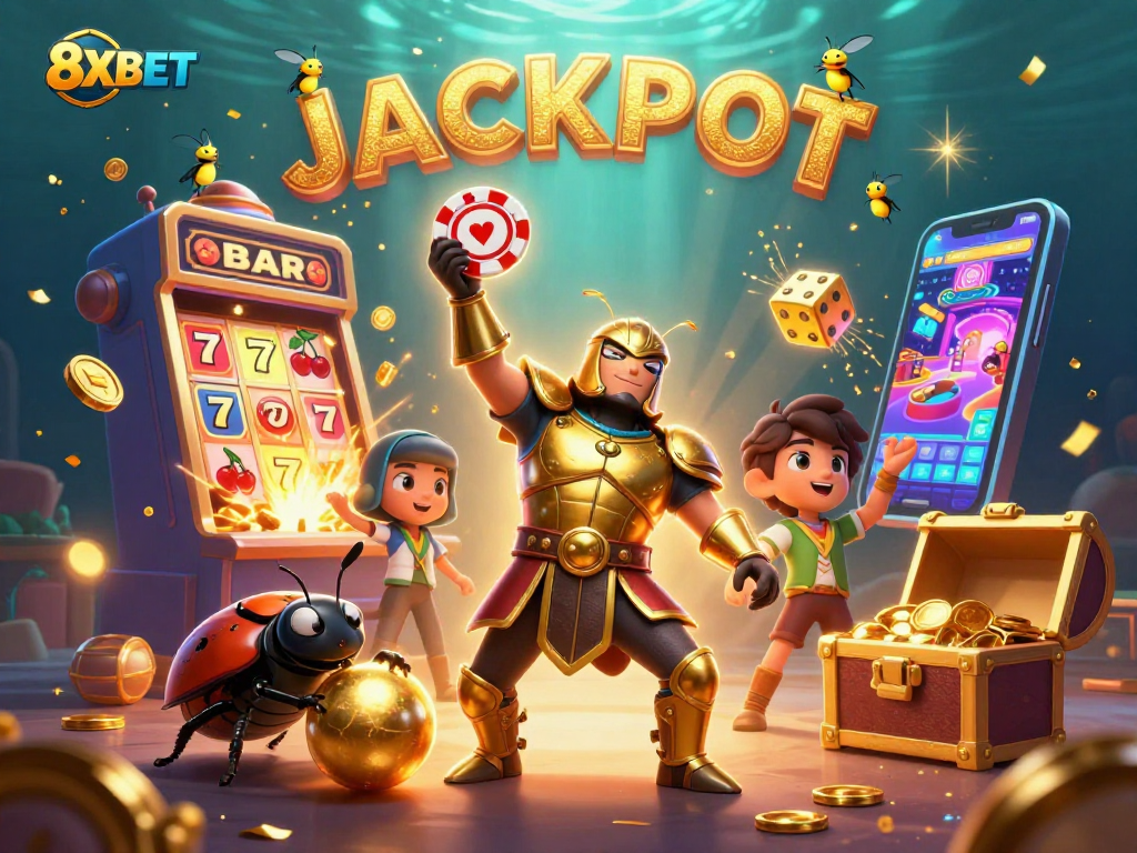 Experience 8XBET's thrilling jackpot moments with cheerful characters and dynamic casino elements.
