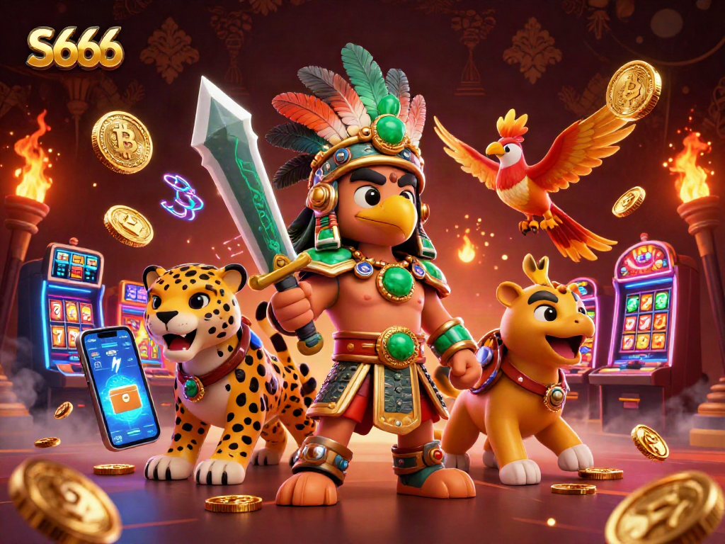 Engage in vibrant S666 casino action with animated warriors and crypto elements in this dynamic scene.