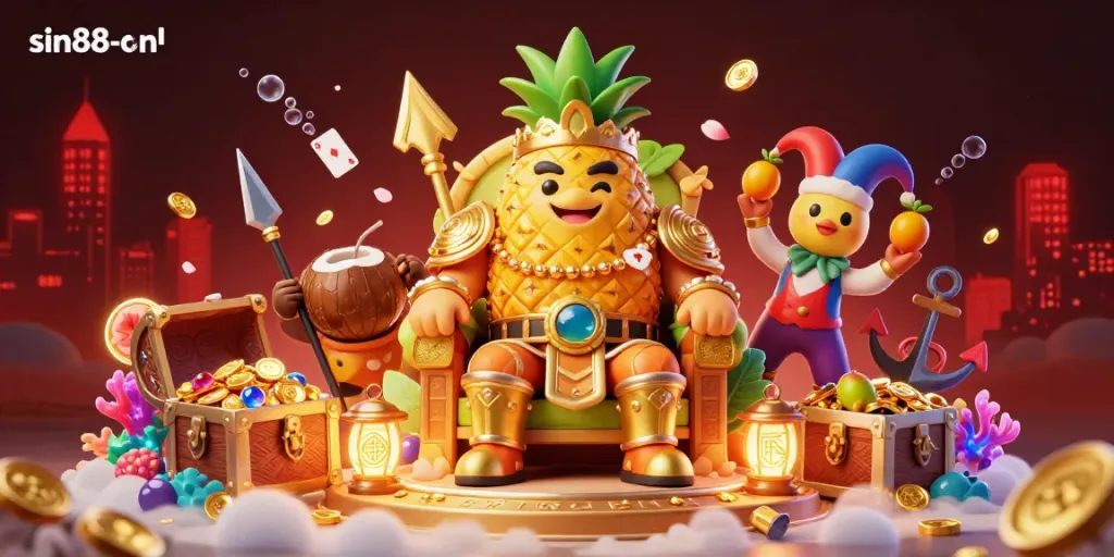 Engage with thrilling gaming at sin88-onl with vibrant casino action featuring a golden pineapple king.