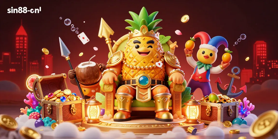 Engage with thrilling gaming at sin88-onl with vibrant casino action featuring a golden pineapple king.