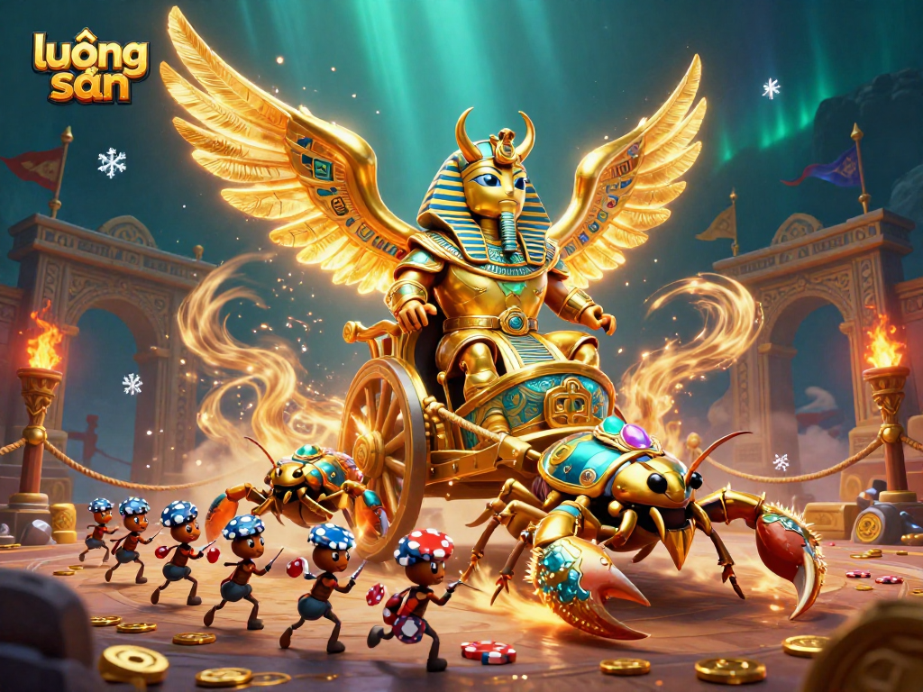 Lương sơn's vibrant betting arena showcases a golden scarab chariot, enhancing the excitement of online gambling.