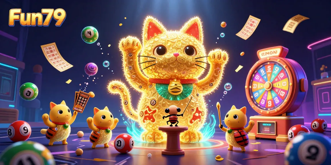Engage with Fun79's dynamic gaming world featuring a wave of lucky symbols and vibrant casino action.