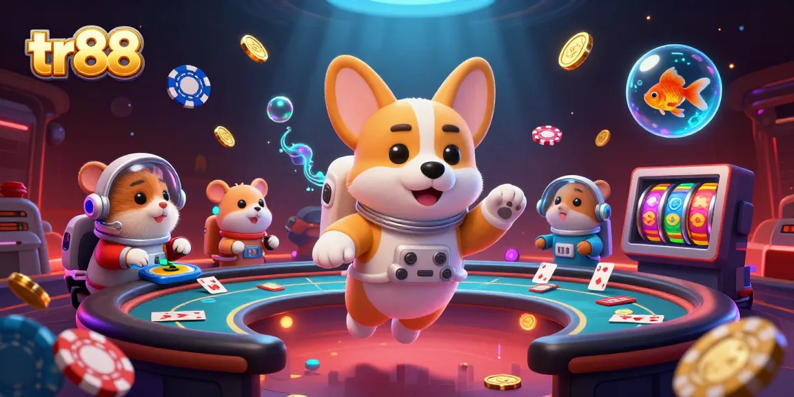 Experience thrilling gameplay at tr88, featuring an astronaut corgi in a vibrant casino scene filled with poker elements.