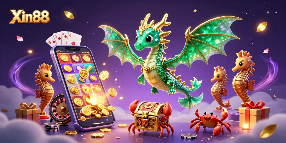 Experience thrilling gaming at Xin88 with a lively illustration of vibrant slot elements and sea creatures.
