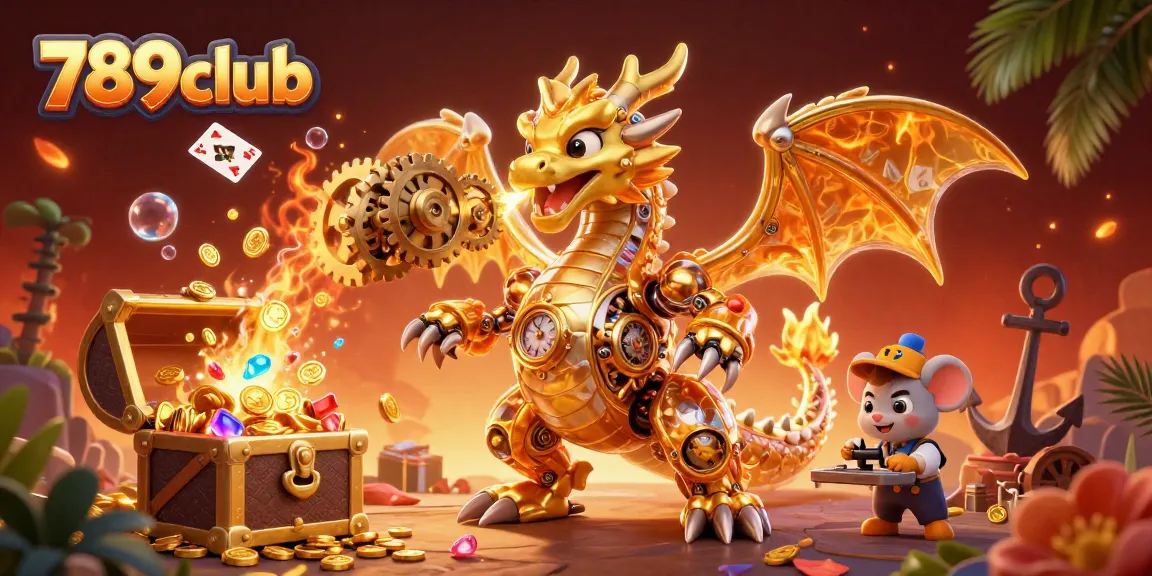 Engage with 789club's vibrant gaming scene featuring a golden dragon and floating treasures.