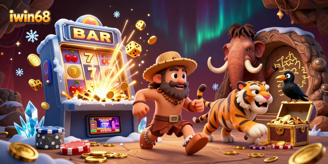 Experience the excitement of iwin68 with a dynamic 3D casino scene featuring a caveman and sabertooth duo.
