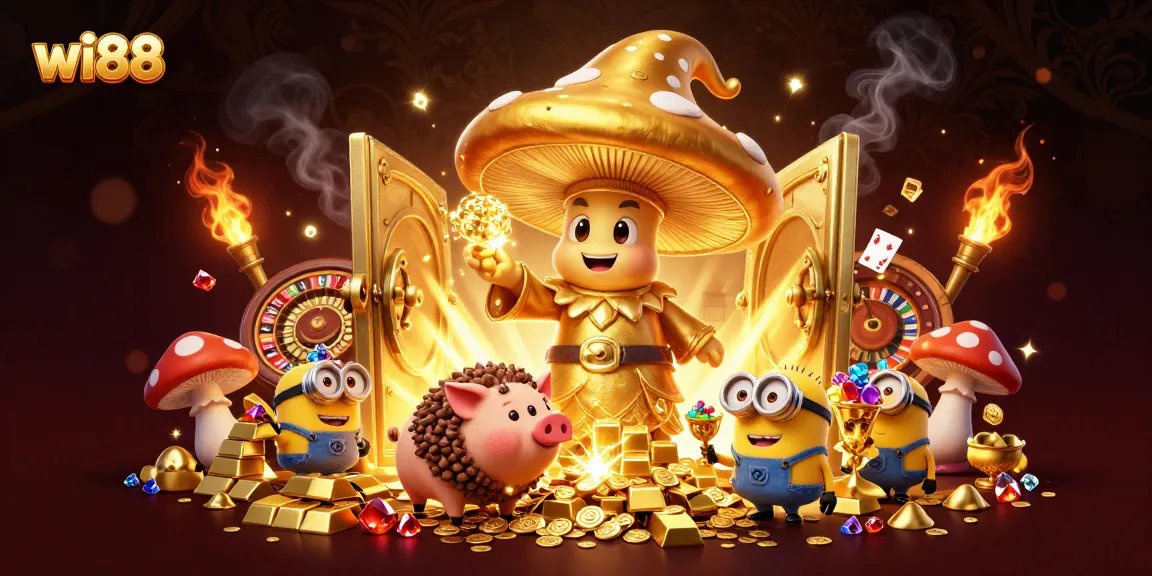 wi88 immersive live casino illustration with a magical theme featuring gold treasures and vivid characters.