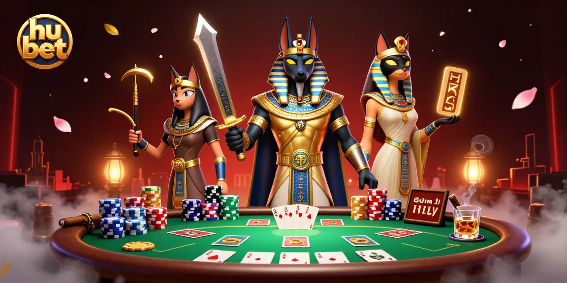 Engage with hu bet's thrilling poker action featuring Anubis and Bastet in an exhilarating casino scene.