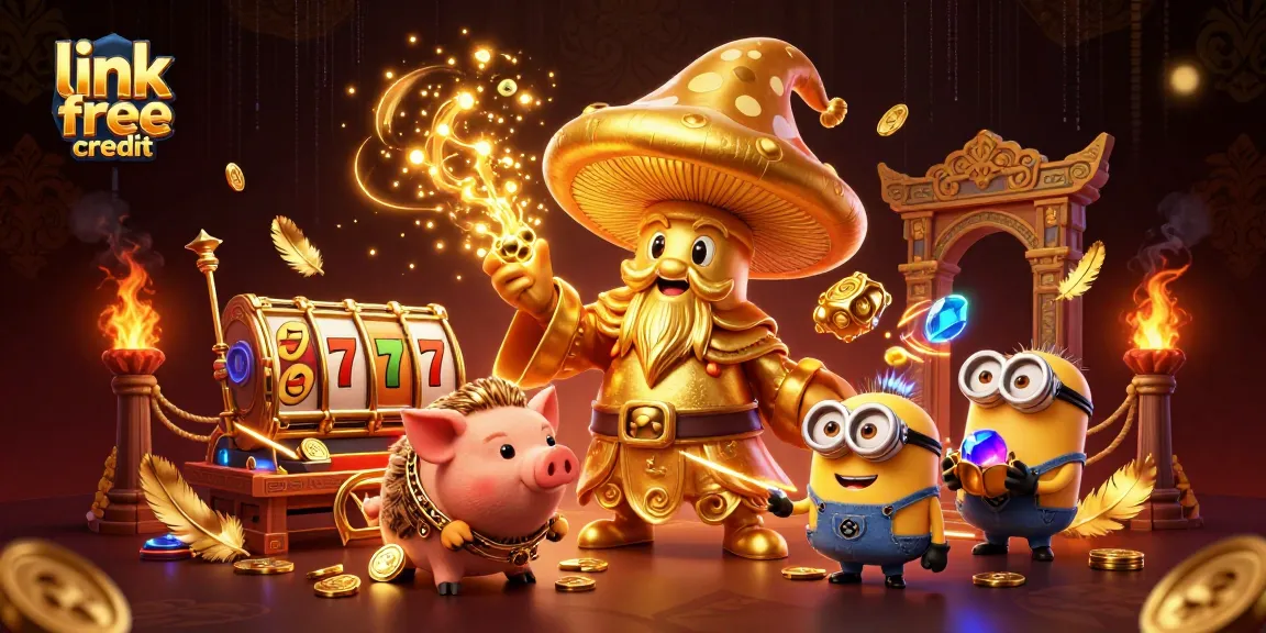 Engage with link free credit through a vibrant 3D illustration of a golden wizard and treasures.