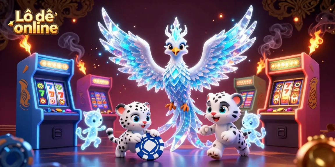 Engage with Lô đề online through a vibrant scene featuring an ice phoenix, glowing sprites, and casino games.