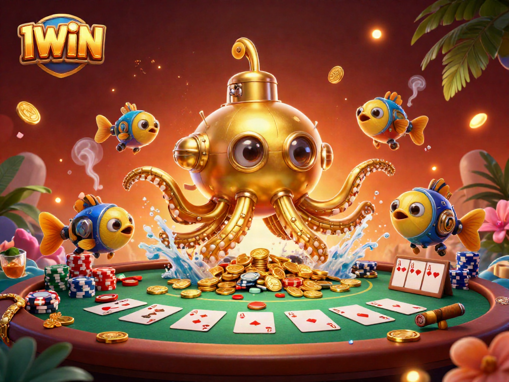 IWIN showcases a glimmering kraken submarine amid a sea of golden coins, emphasizing thrilling poker gameplay.