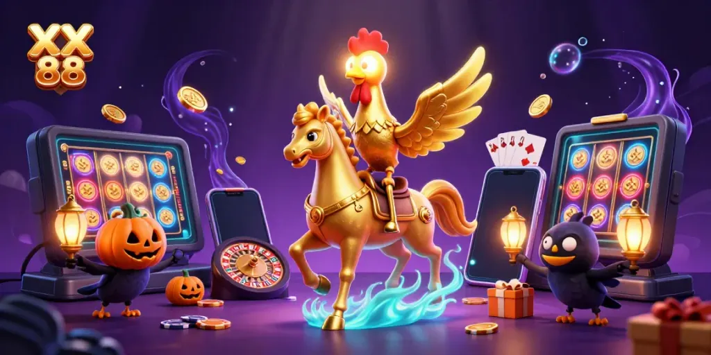 Engage in thrilling challenges at XX 88, with a golden rooster in a vibrant casino scene.