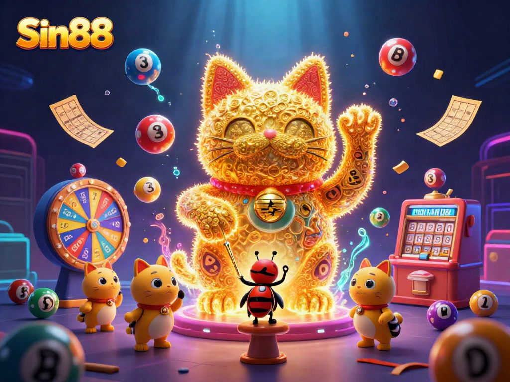 Experience the dynamic casino world with Sin88's vibrant lucky cat and glowing elements for online fun.