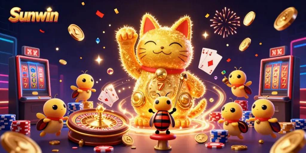 Win big at Sunwin with an enchanting scene of a lucky cat and vibrant casino elements.