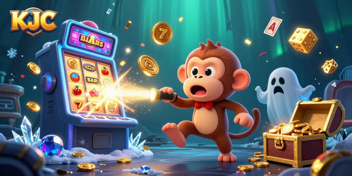 KJC engages players in a thrilling haunted casino scene with a playful ghost monkey and curious puppy navigating a jackpot-filled adventure.