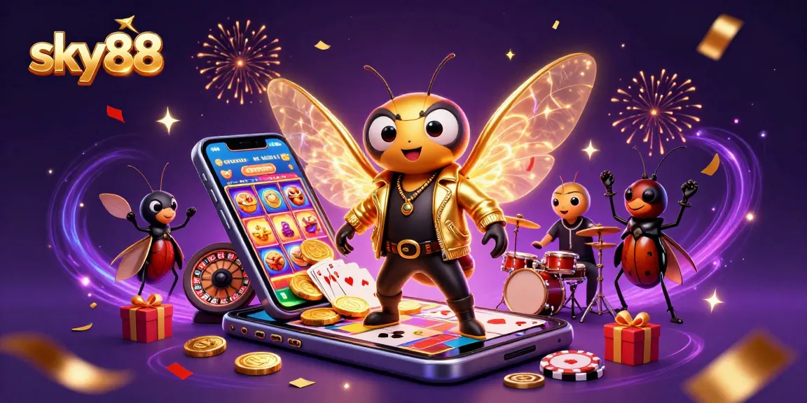 Experience thrilling moments with sky88's vibrant casino scene featuring cartoon characters and gaming elements.
