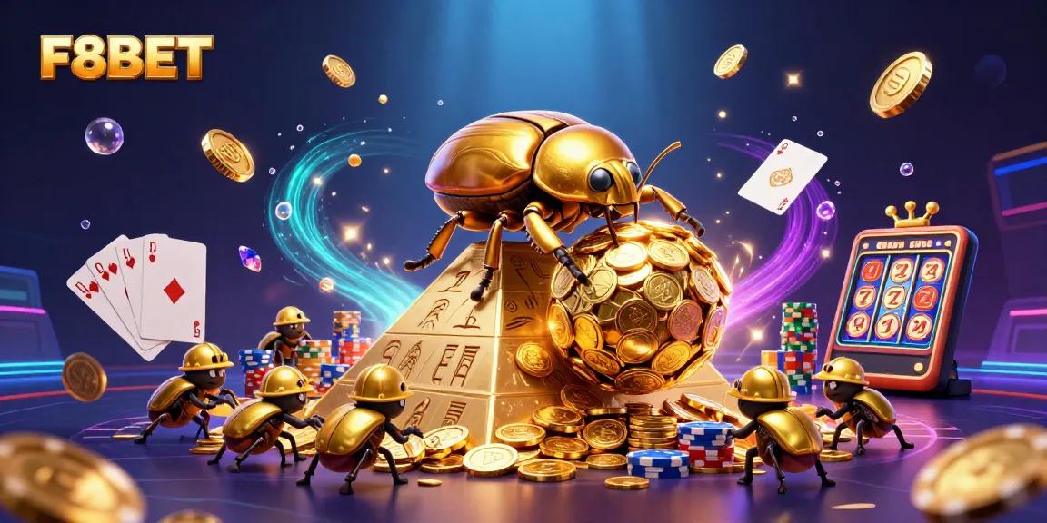 F8BET features a dynamic scene with golden beetles rolling coins, showcasing casino excitement