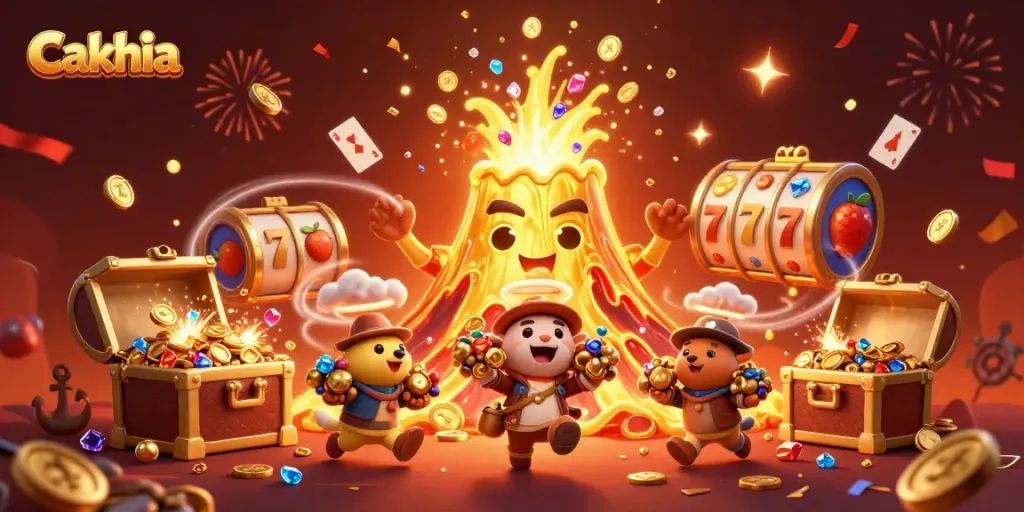 Cakhia showcases a vibrant 3D scene of excitement with a golden volcano erupting coins and treasures, perfect for gaming.