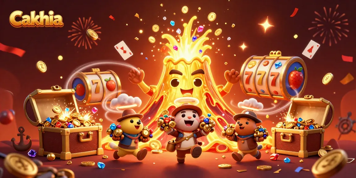Cakhia showcases a vibrant 3D scene of excitement with a golden volcano erupting coins and treasures, perfect for gaming.