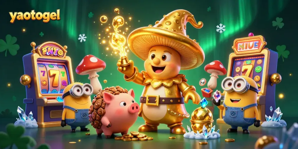 Experience the magic of yaotogel as a golden mushroom wizard casts spells in a vibrant casino.