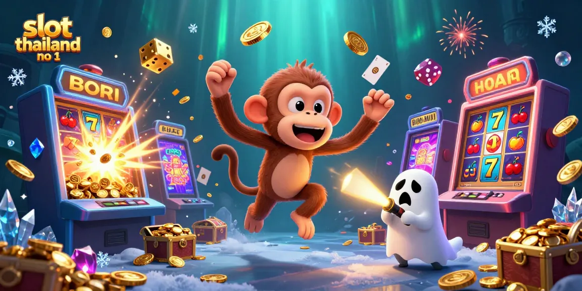 Experience the excitement of slot thailand no 1 with a playful monkey and a curious puppy in a vibrant casino scene.