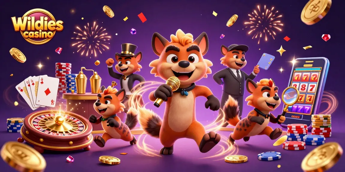 Experience the excitement of Wildies casino with hyena characters engaging in casino fun.